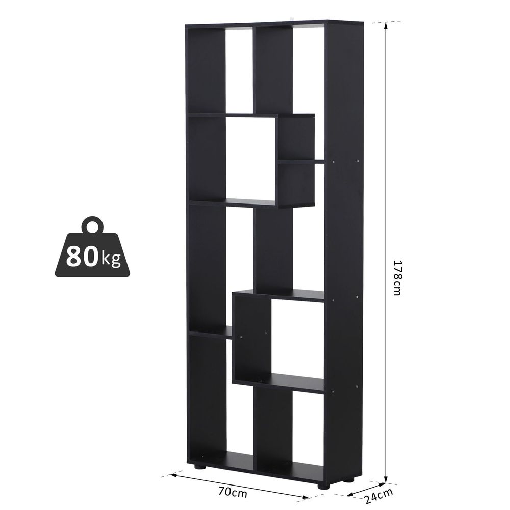 178cm 8-Shelf Bookcase Melamine Black Foot Pads - Multipurpose 8-Grid