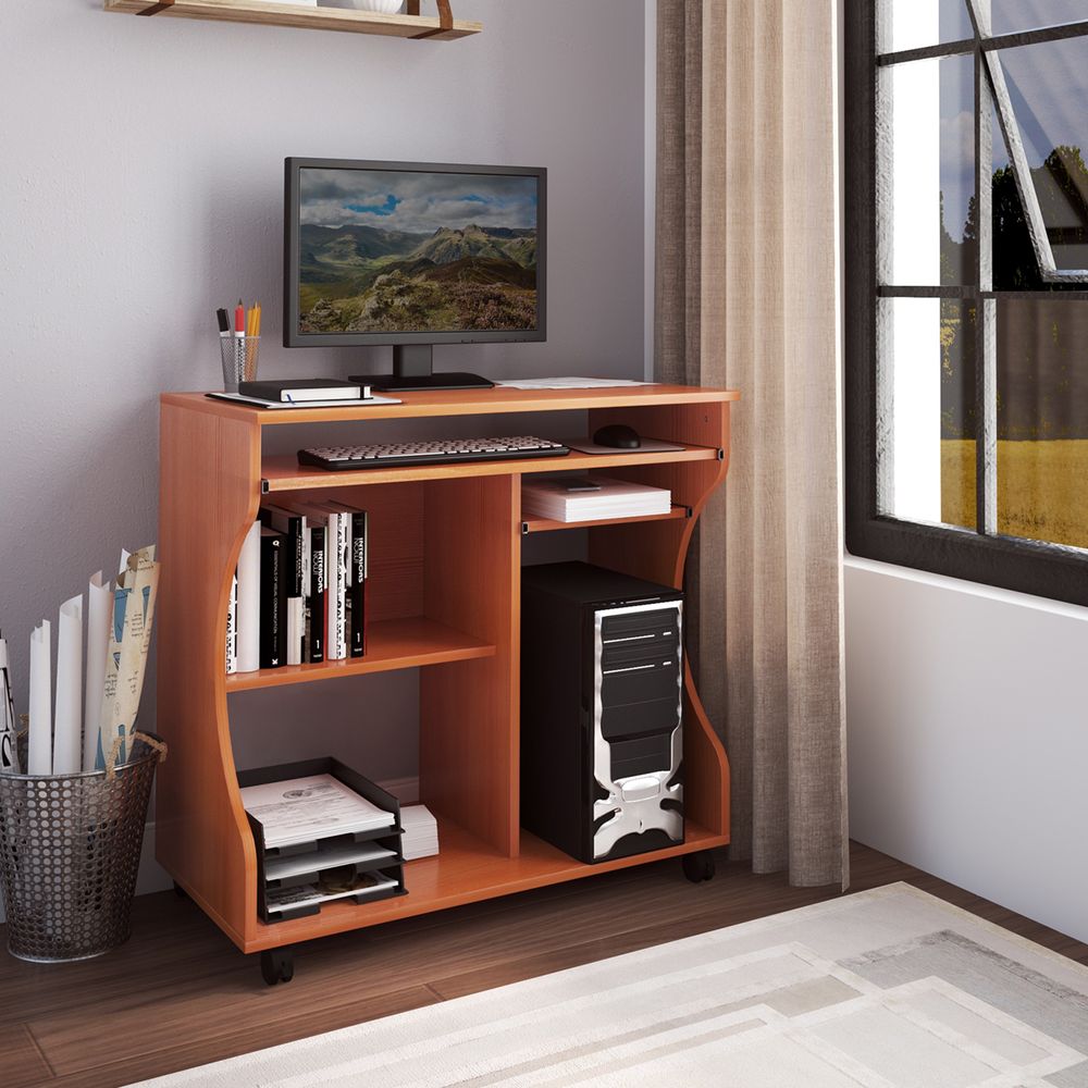 Portable Computer Desk with Storage Shelf - Wheels - Cherry Wood