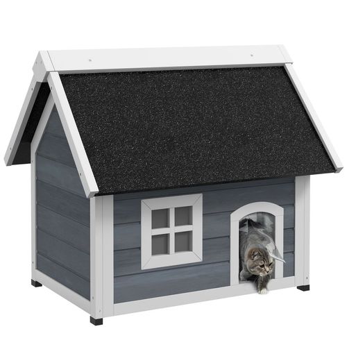 ?Outdoor Feral Cat House with Openable Asphalt Roof,?Grey