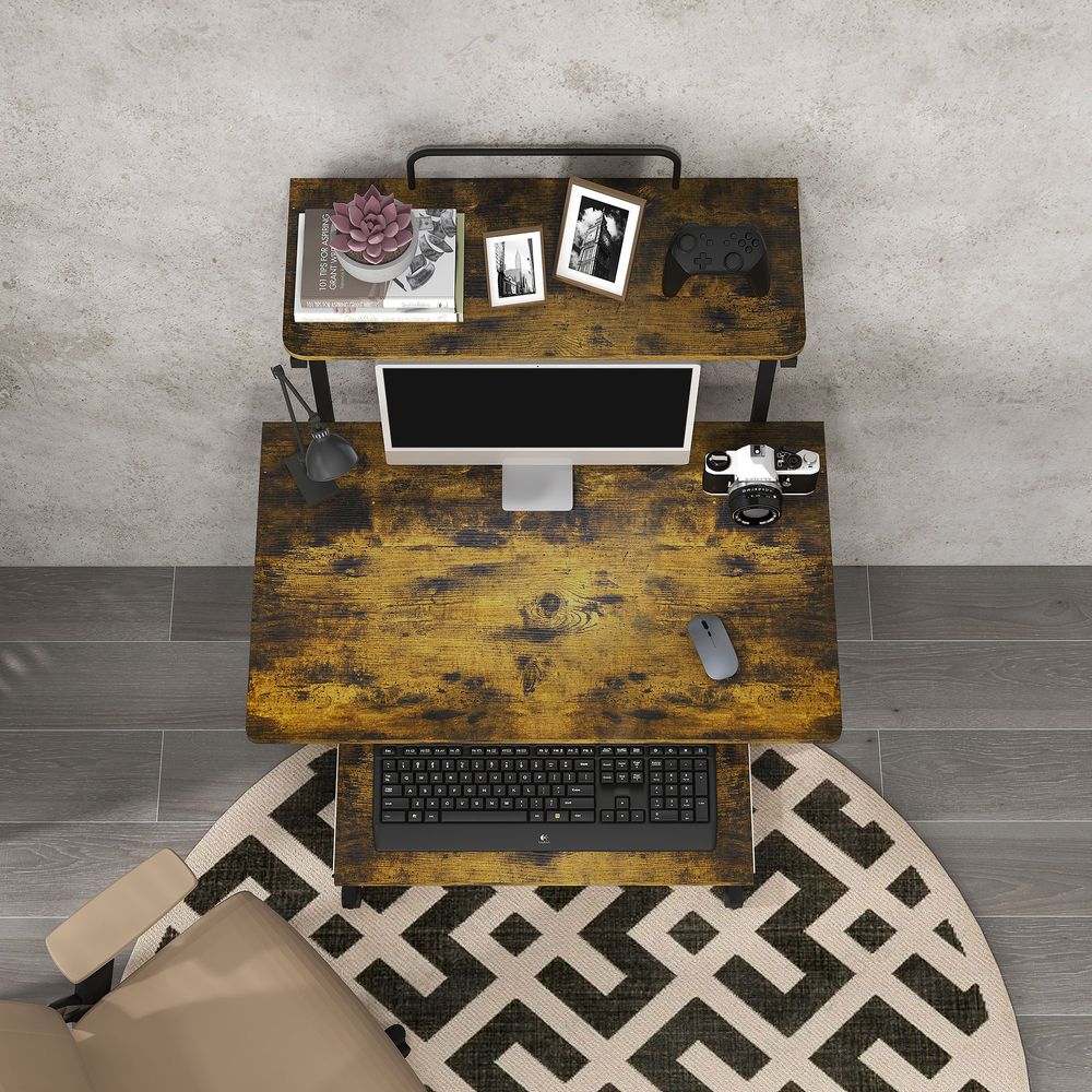 Rolling Computer Desk with Keyboard Tray and Storage Shelves, Rustic Brown