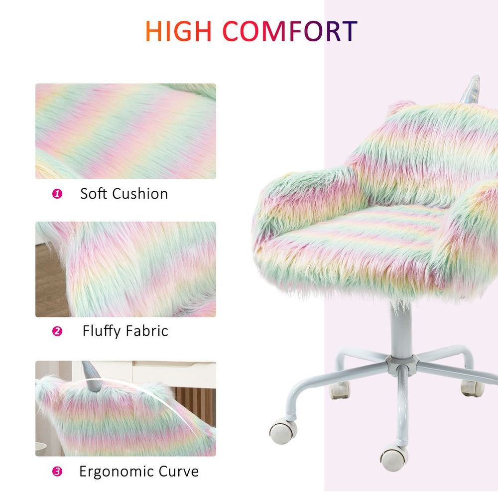 Faux Fur Unicorn Desk Chair Fluffy Home Office Chair with Armrests