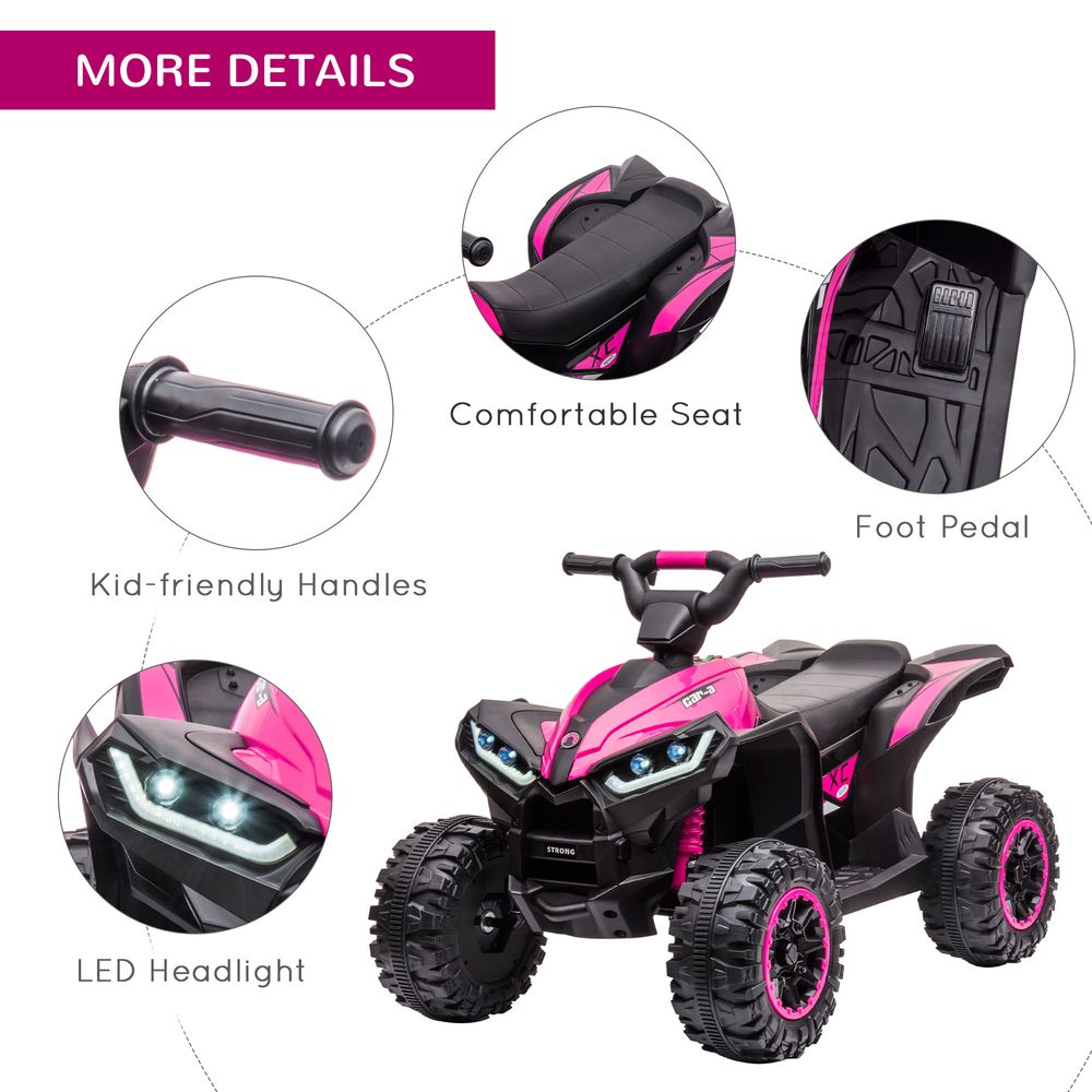 12V Electric Quad Bike for Kids Ride On Car Toy, with Forward Reverse Functions, LED Headlights, Music, for Ages 3-5 Years - Pink