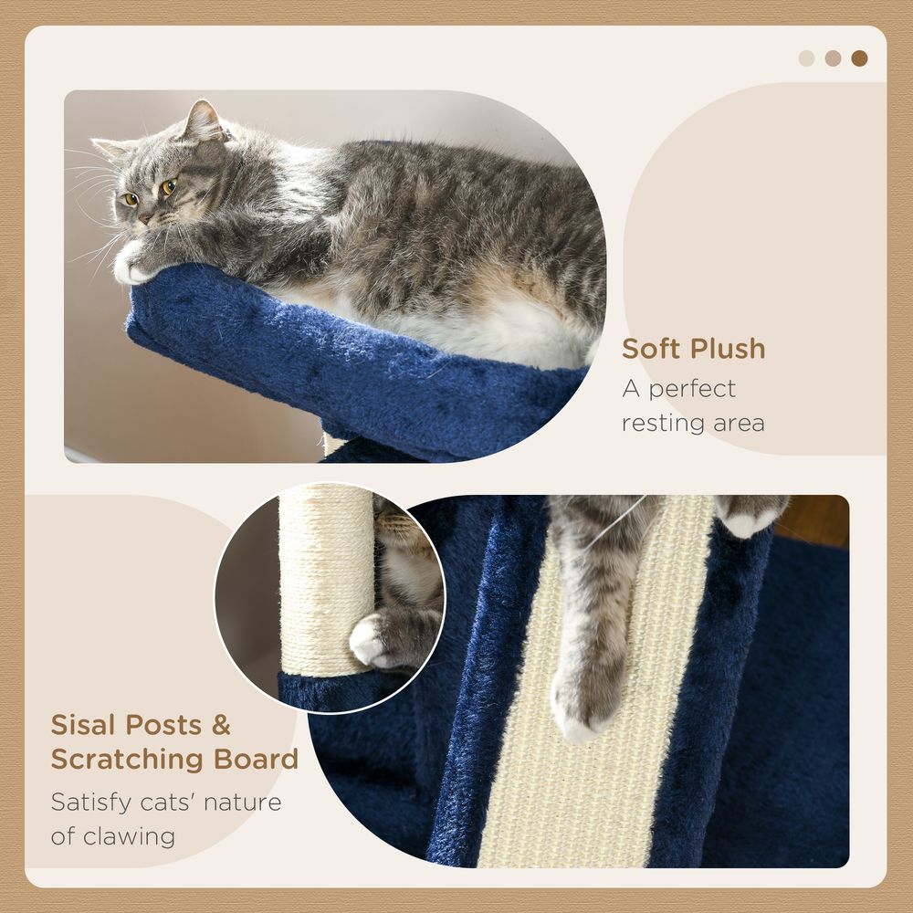 Luxury Cat Tree - Rest, Play, Scratch, & Sleep - 2 Houses, Perch, Scratching Post - Navy Blue