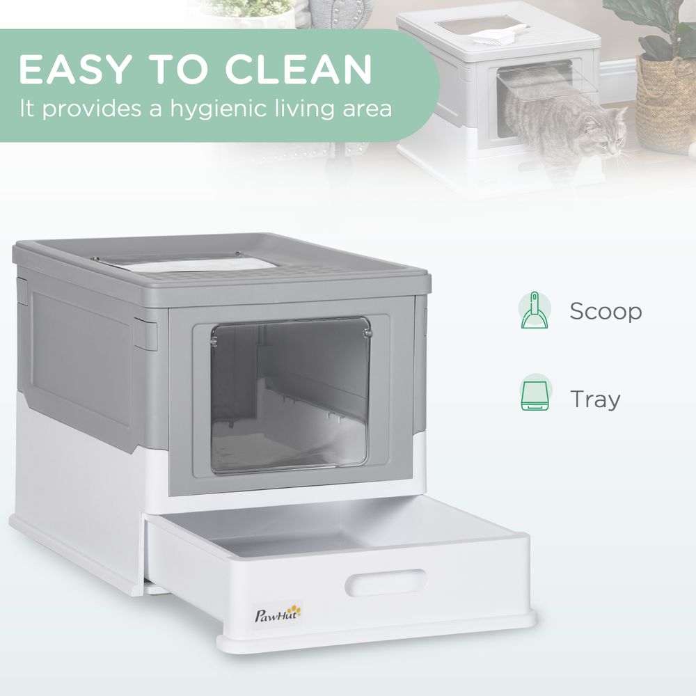 Hooded Cat Litter Box with Scoop - Portable, Privacy, Grey