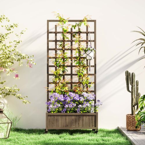 Wooden Trellis Planter, Raised Garden Bed with Wheels and Bed Liner in Wooden