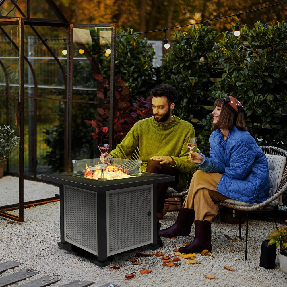 Outdoor Gas Fire Pit Table w/ Wind Screen & Glass Beads, Grey - 50,000 BTU Propane Burner