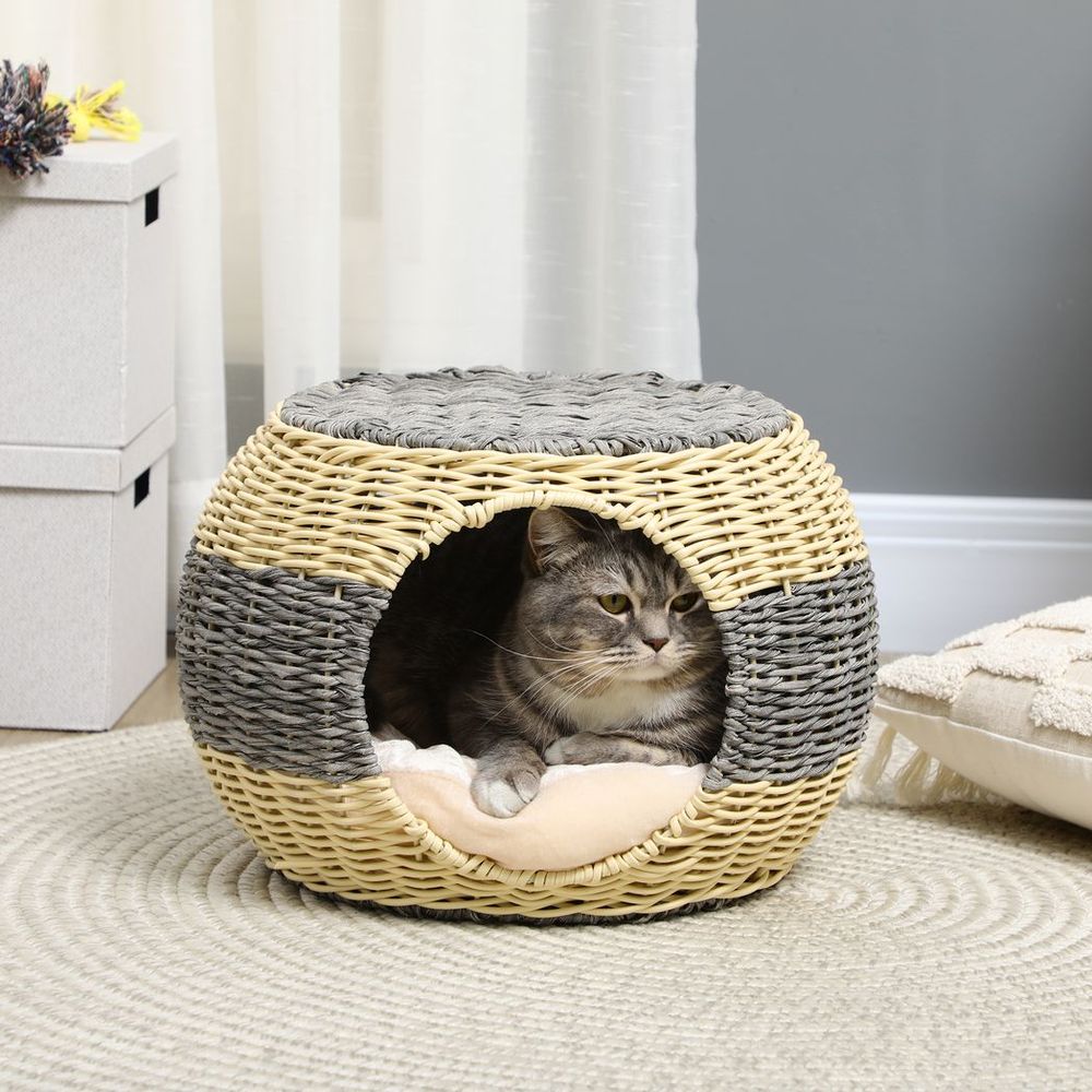 Wicker Cat House, Rattan Raised Cat Bed, Comfy Cushion - 40x30cm