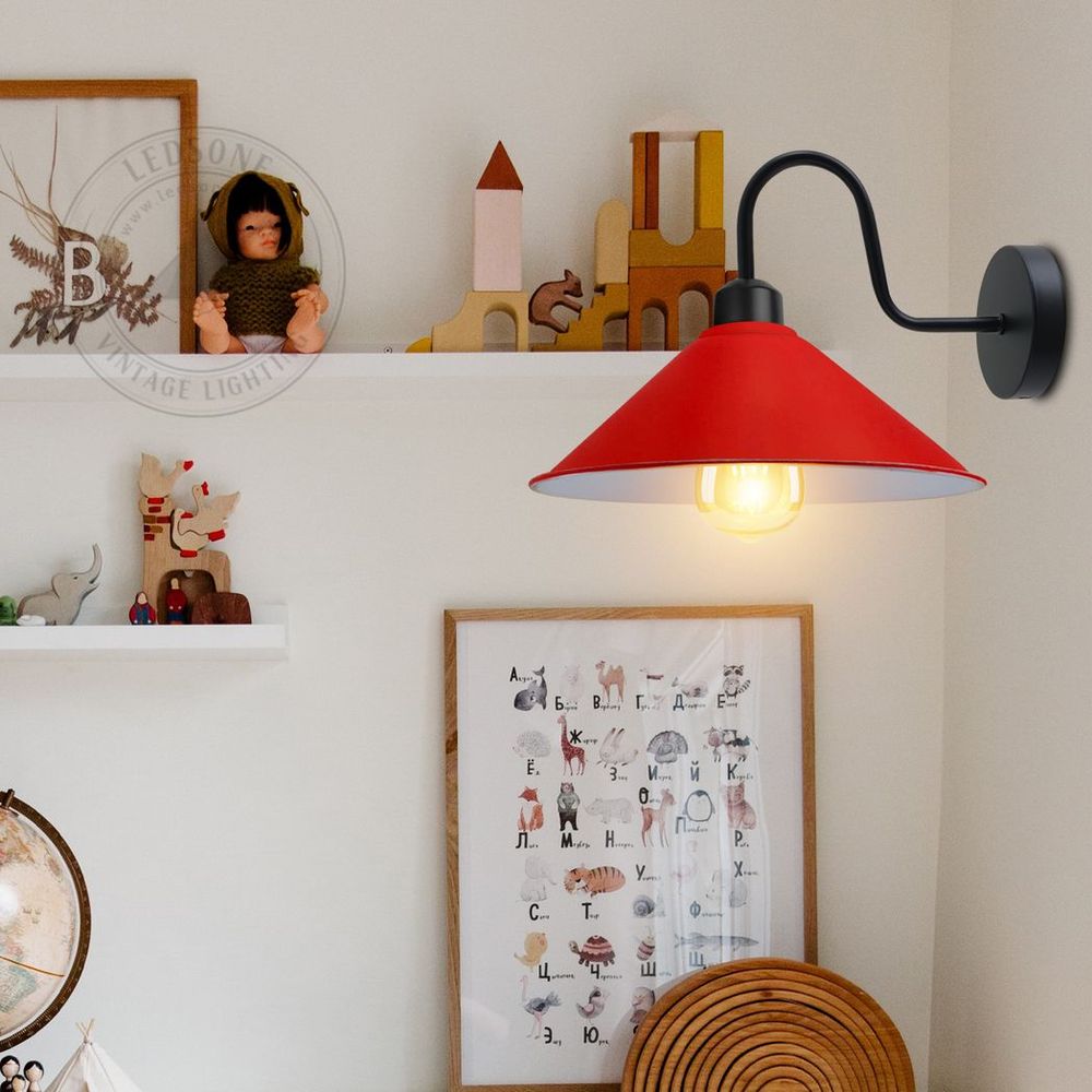 Vintage Wall Light Fixture, Red/Black Wall Sconce, E27 Base Socket, Swan Neck Cone Shade, 110-240V
