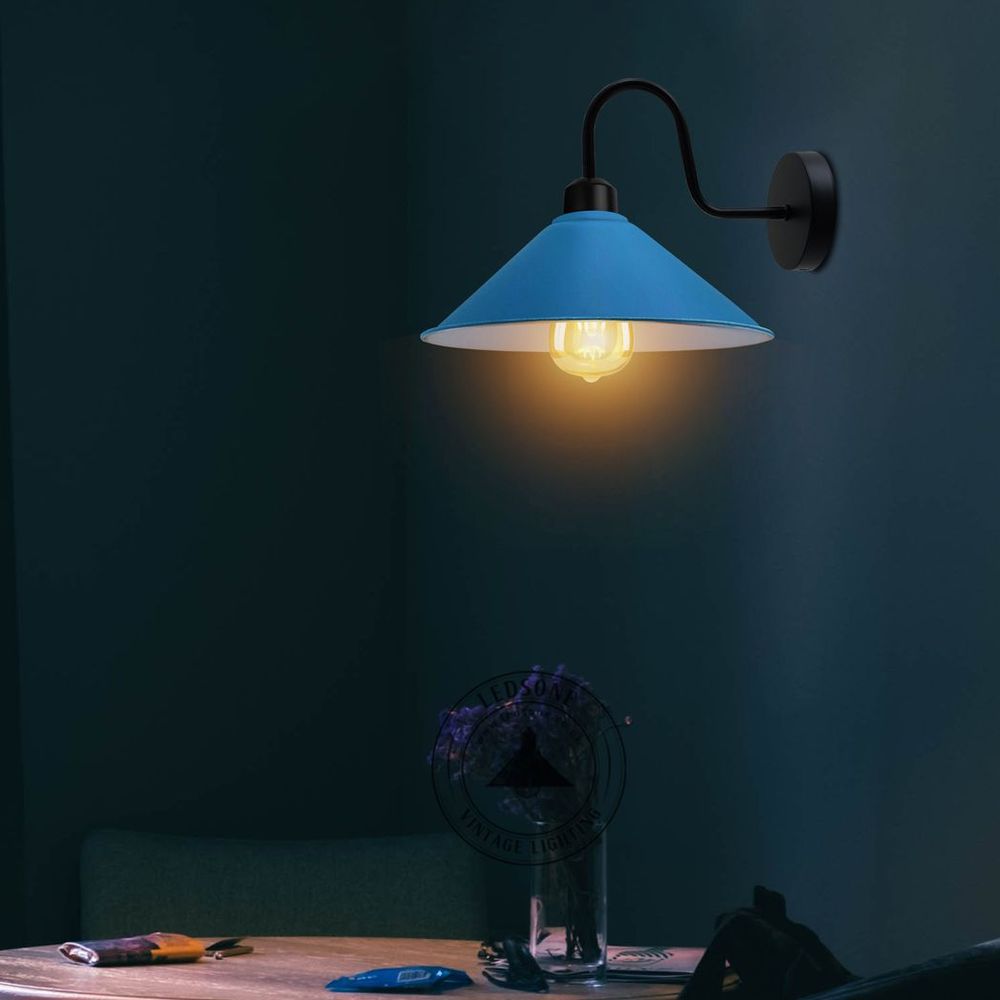 Blue Wall Light Fixture,Black Wall Sconce E27 Base Socket Screw Type Wall Mounted Swan Neck Cone Shape Shade