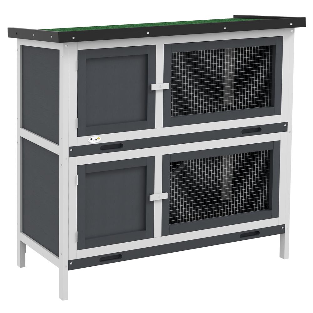 Double Decker Rabbit Hutch Bunny Cage, Grey - Outdoor Pet House with Tray, Easy Access, Durable Design