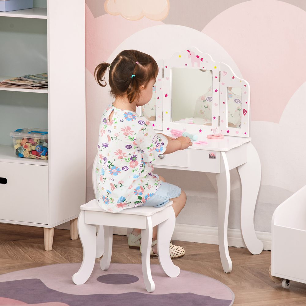 Kids Vanity Table & Stool Girls Dressing Set Make Up Desk Chair Dresser Play Set with Rotatable Mirrors Drawer Star & Heart Pattern White E