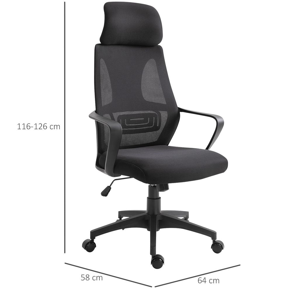 Mesh Back Office Chair - Adjustable Height & Padded Headrest - Comfortable - All Black