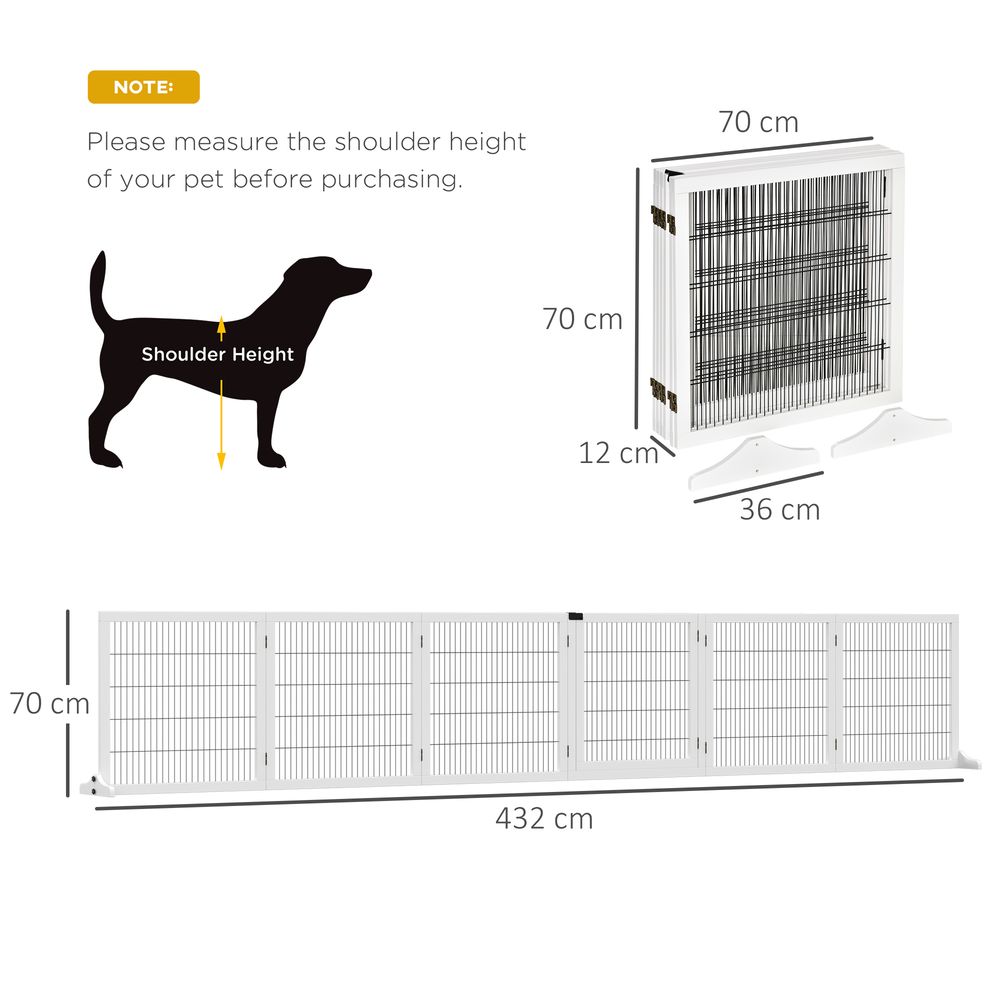 Freestanding Pet Gate, 6 Panel Foldable Playpen, Wooden Dog Gate with 2 Support Feet, for Stairs, Doorway - White