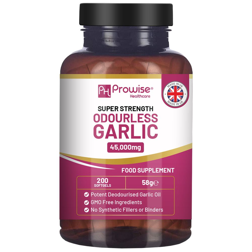 Odourless Garlic Capsules - 45,000mg per softgel - 200 softgels (not Tablets) Super High Strength - Cold Pressed and Deodourised Garlic Oil Extract from Allium Sativum