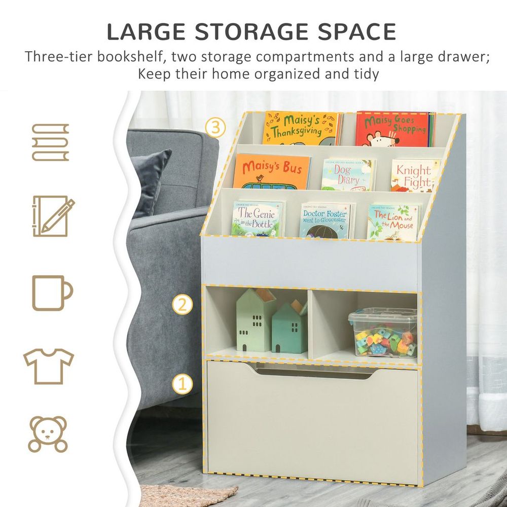 Kids Bookshelf, Toy Box w/ Storage Drawer, Wheels, for Bedroom - Grey