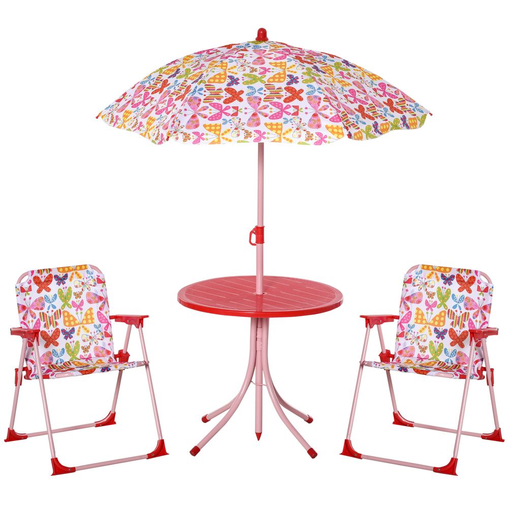 Kids Outdoor Bistro Table and Chair Set Butterfly Pattern Garden Patio Backyard with Removable & Height Adjustable Parasol