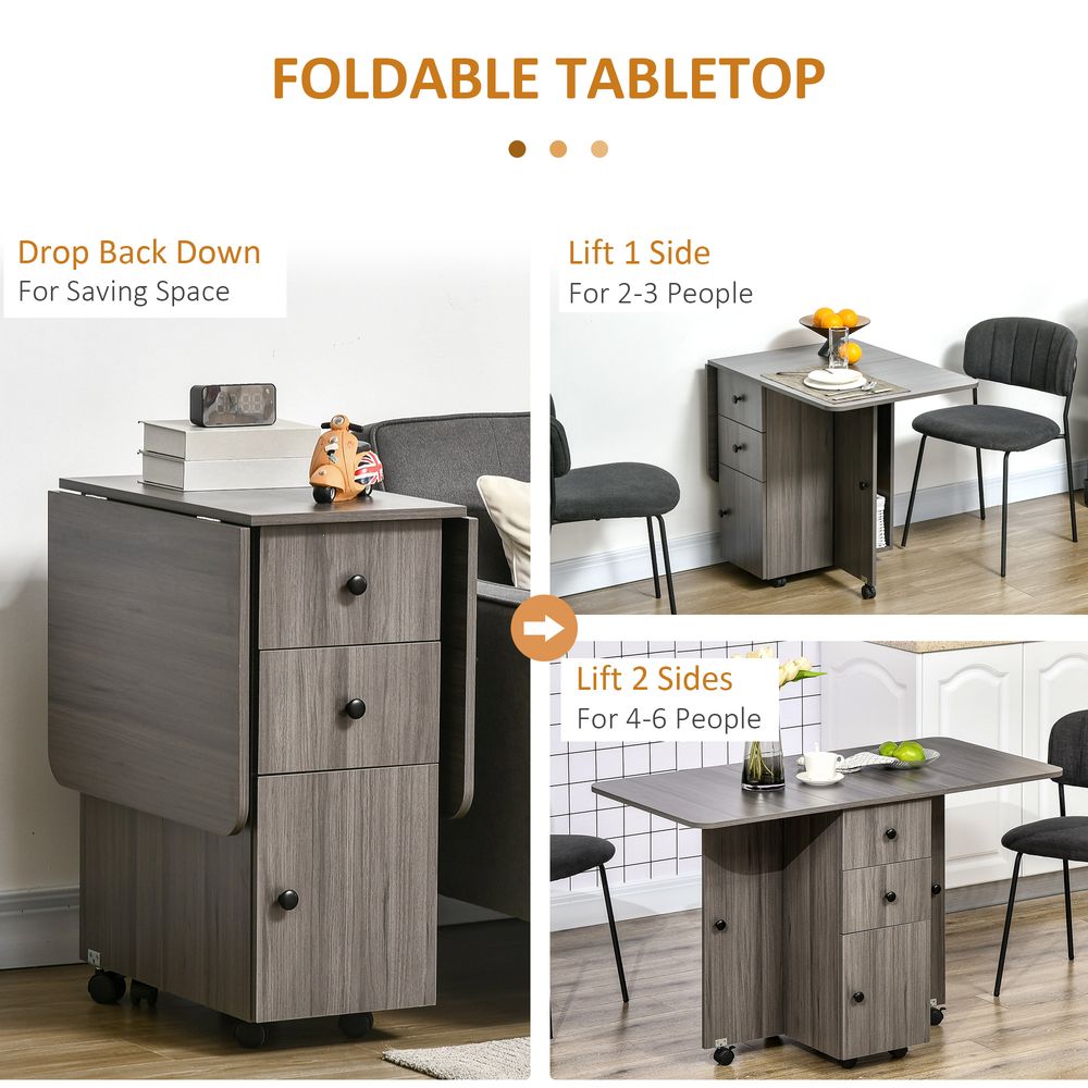 Folding Dining Table, Drop Leaf, Grey - Quality Expandable Space Saver with Storage Drawers