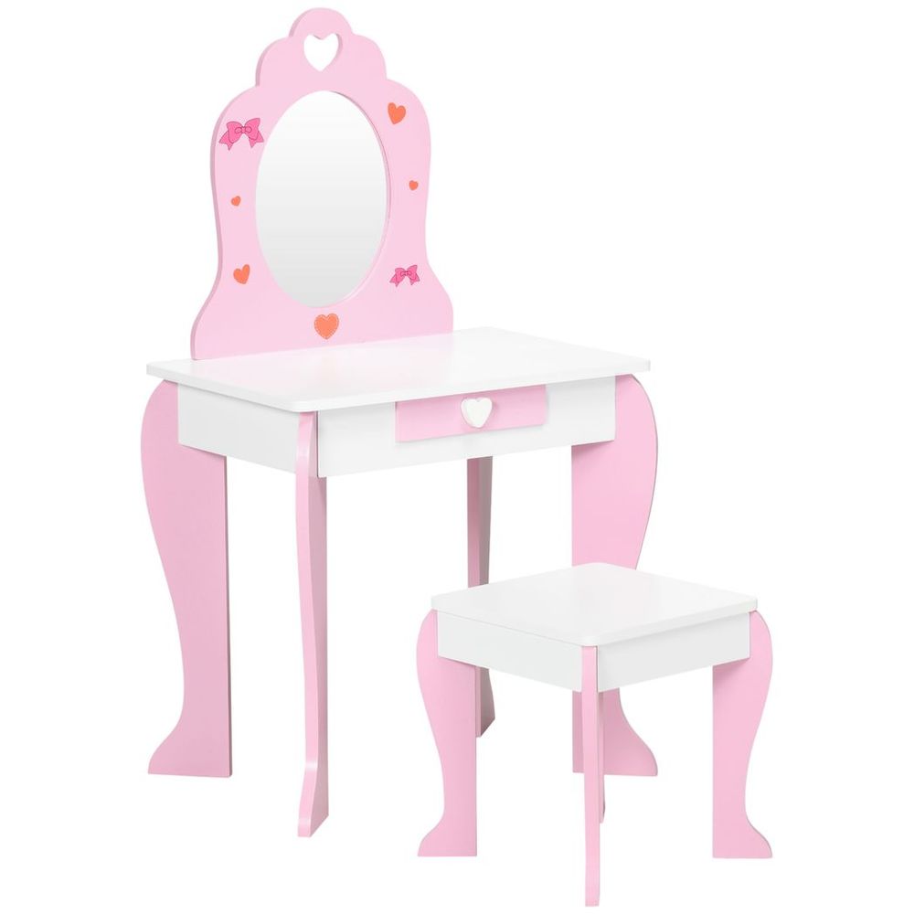 Kids Vanity Set w/ Mirror, Drawer, Cute Patterns, for Girls - Pink