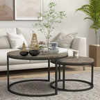 2-Pc Stacking Coffee Table Set: Steel Frame, Marble-Effect, Foot Pads