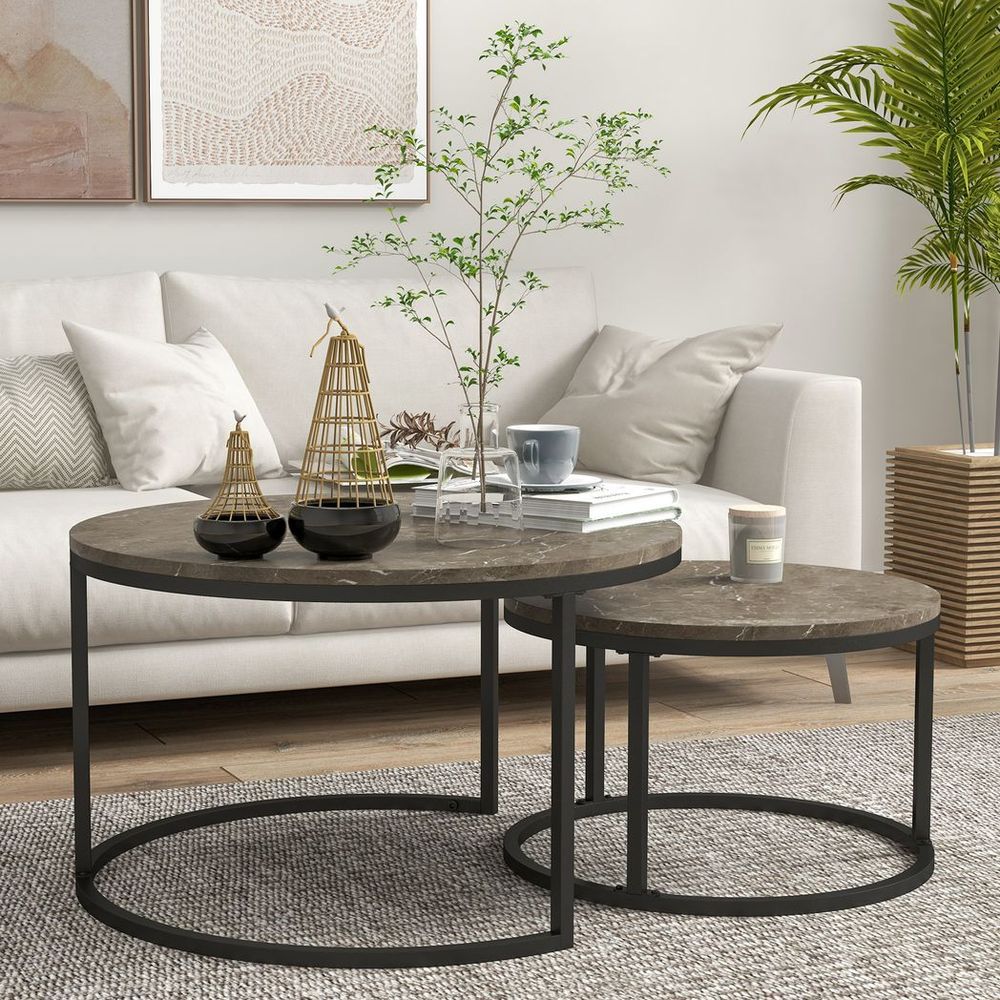 2-Pc Stacking Coffee Table Set: Steel Frame, Marble-Effect, Foot Pads