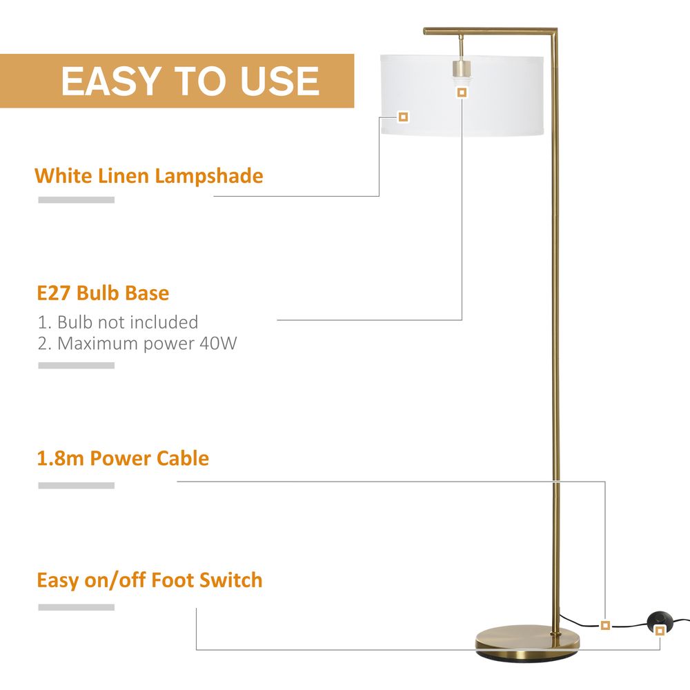 Floor Lamp, Modern Standing Light with Linen Lampshade, Round Base for Living Room, Bedroom, Dining Room, 153cm, Gold and White