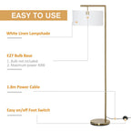 Floor Lamp, Modern Standing Light with Linen Lampshade, Round Base for Living Room, Bedroom, Dining Room, 153cm, Gold and White