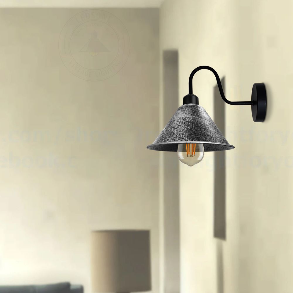 Vintage Silver Wall Sconce - Cone Shape Shade, Swan Neck Arm, Dimmable, E27 Base - for Indoor Lighting