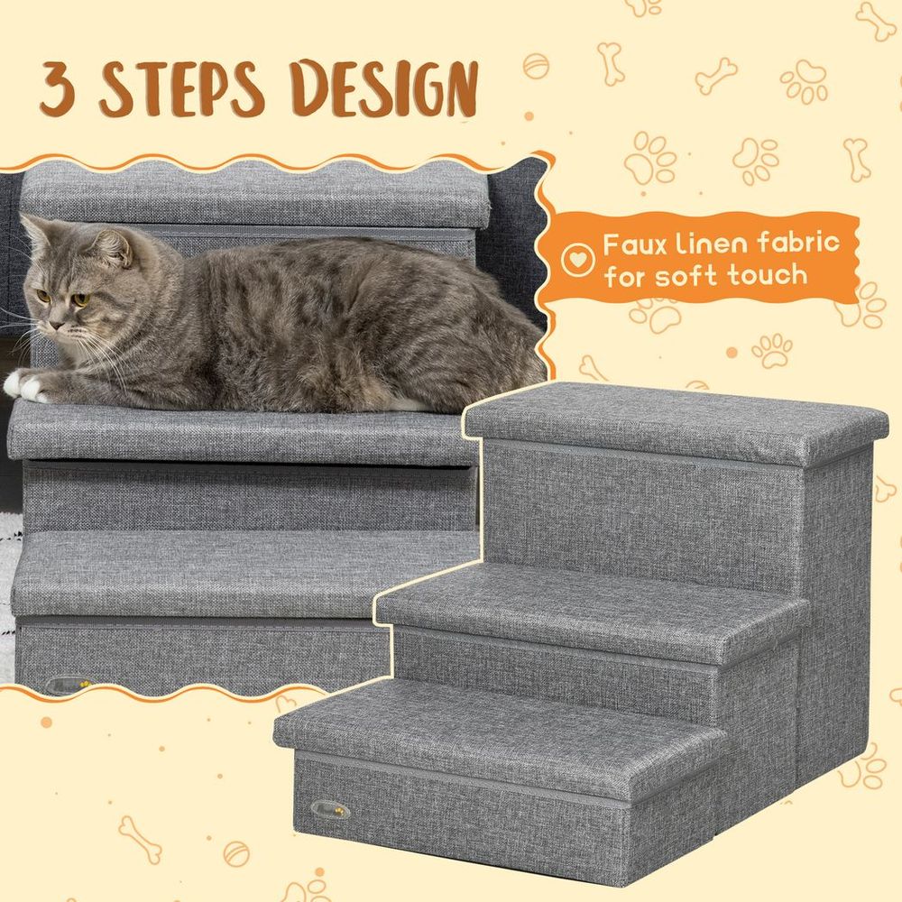 3 Step Dog Steps with Storage Boxes, Cat Stairs for Bed Sofa, Light Grey in Grey