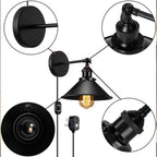 Modern Black Plugin Wall Light Fitting Cone Metal Shade Indoor Sconce Light For Home