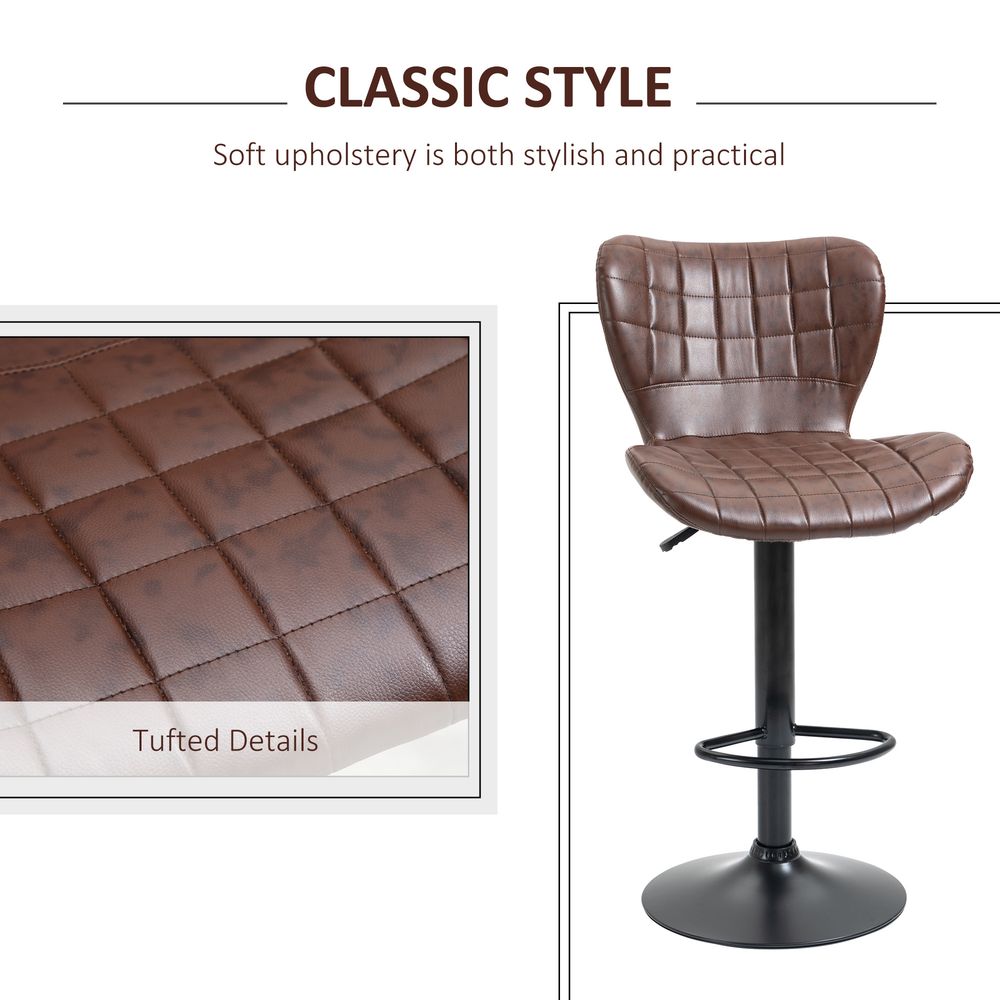 2 Brown PU Leather Swivel Bar Chairs - Adjustable Height, Backrest