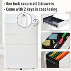 3 Drawer Metal Filing Cabinet Lockable 4 Wheels Compact Under Desk White