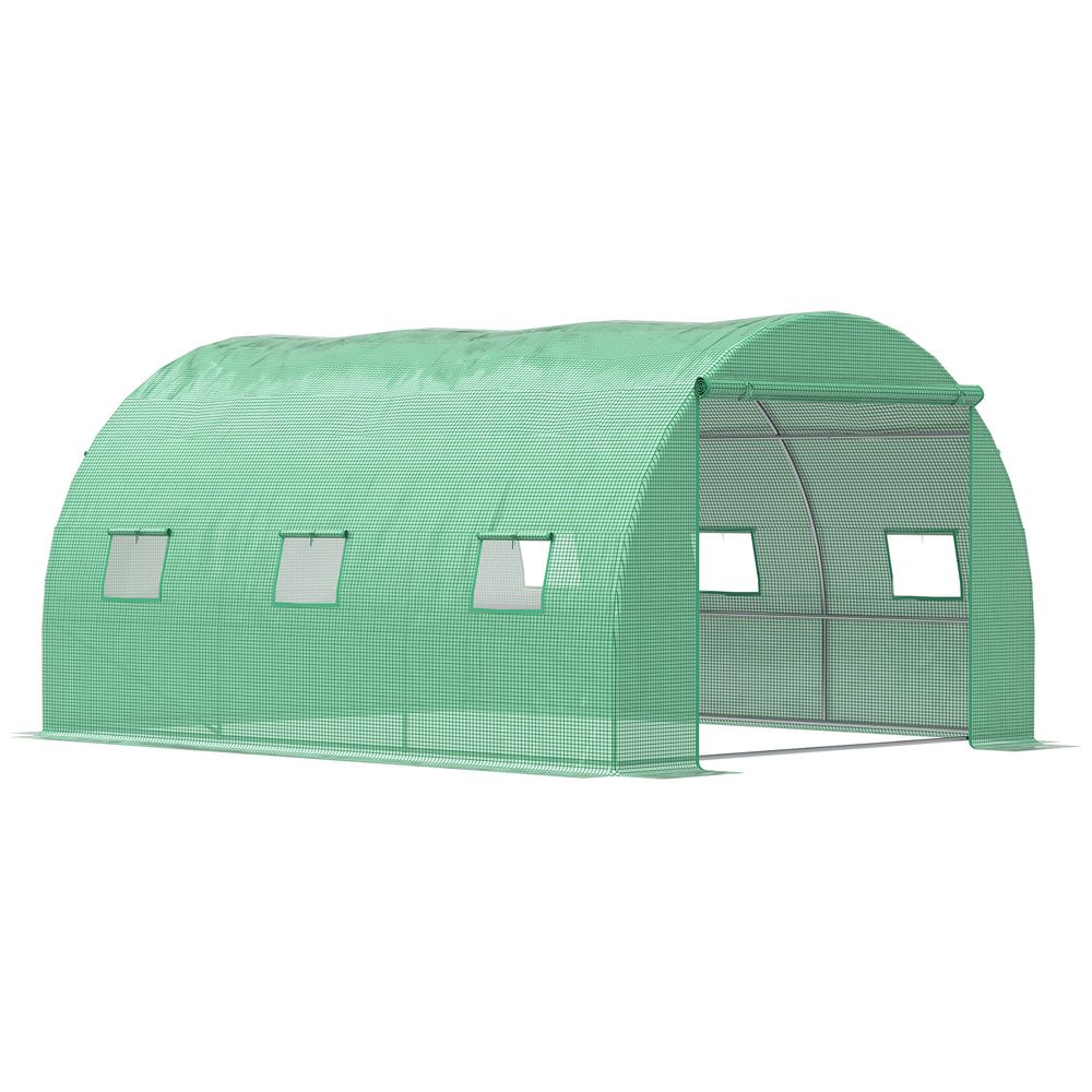 Tunnel Greenhouse with Roll-Up Door & 6 Windows - Green