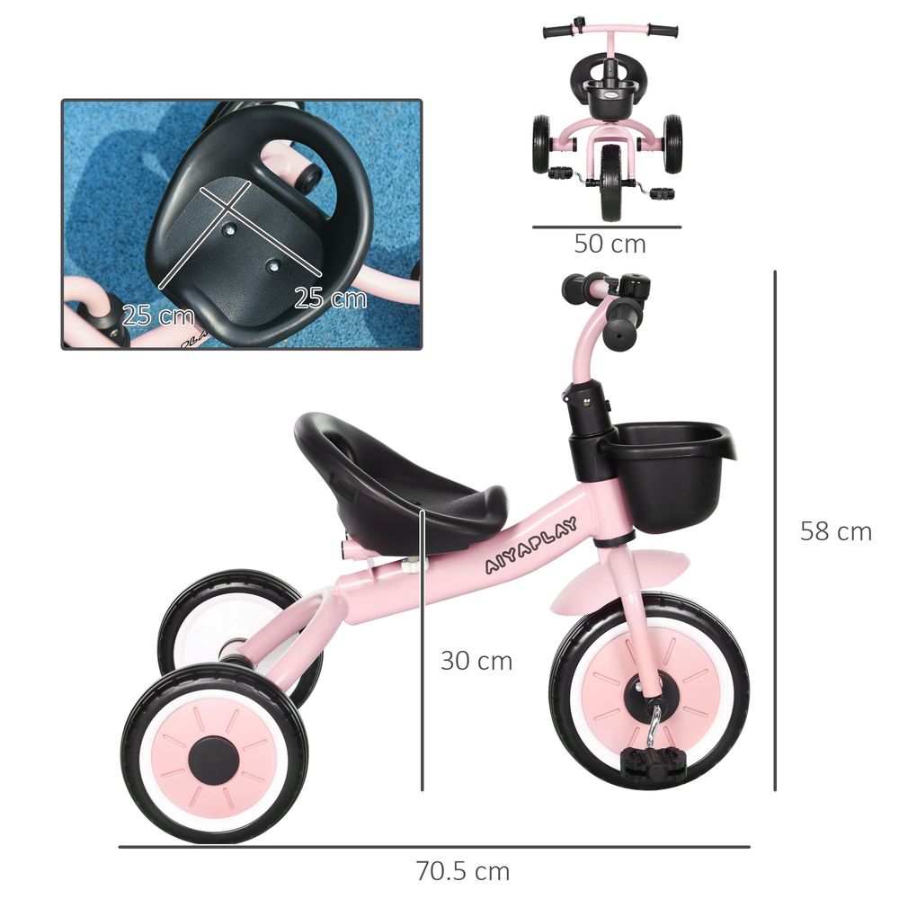Kids Trike - Adjustable Seat, Basket, Bell - Ages 2-5 - Pink