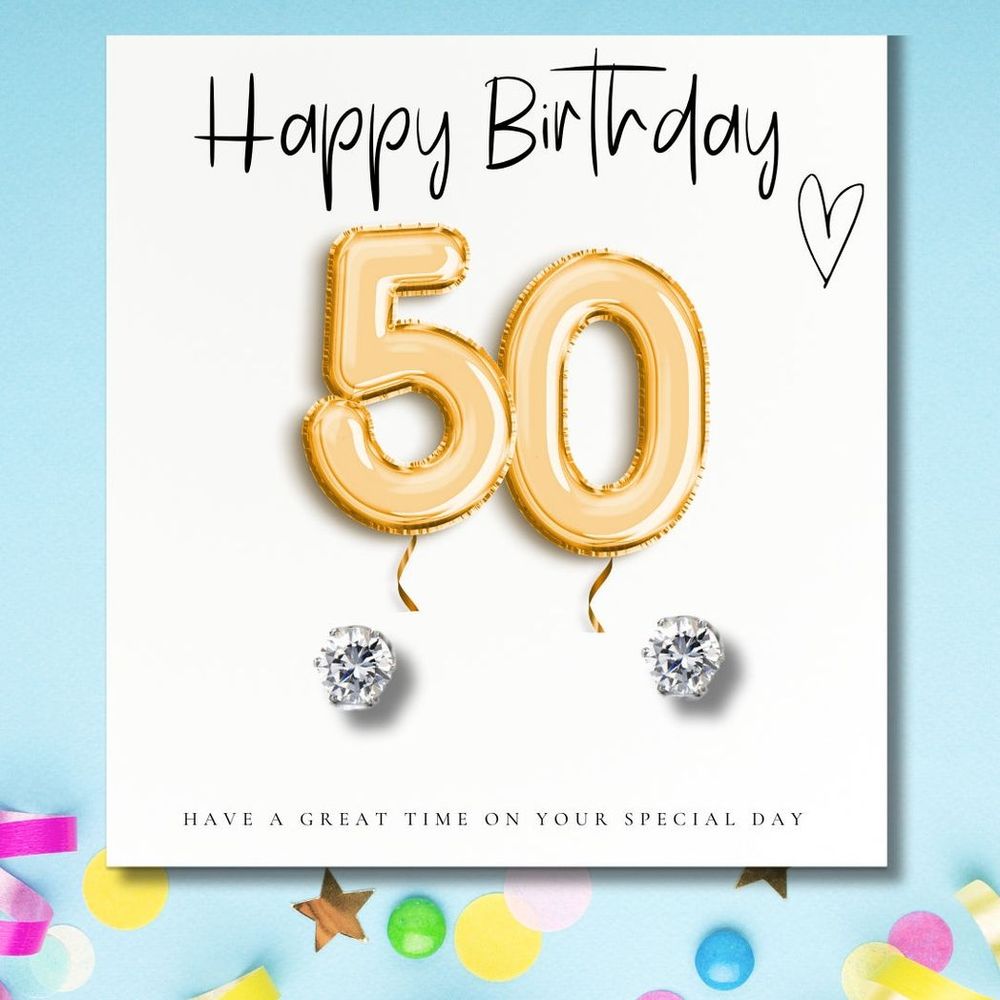 Gold Balloon Earring Set - 50th Birthday with Message Card