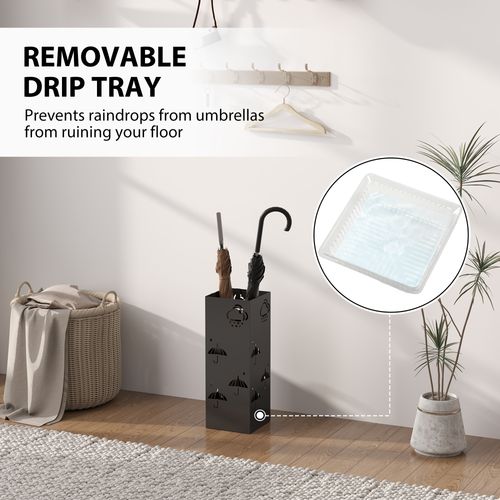 Decorative Umbrella Holder w/ Drip Tray 4 Hooks for Entryway Black