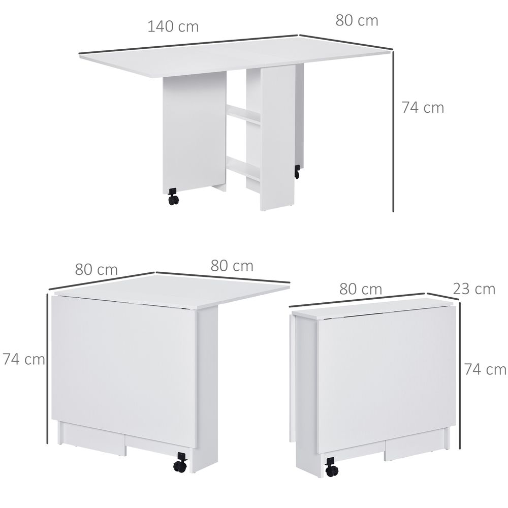 Space-Saving Folding Desk Table - Mobile Drop Leaf - Wheel Storage Shelves - White