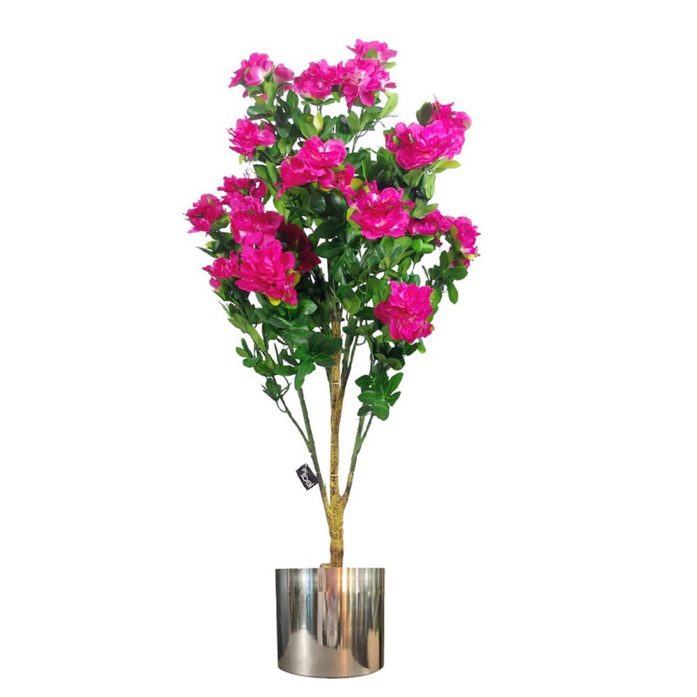 100cm Artificial Azalea Pink Flowers - Silver Metal Planter