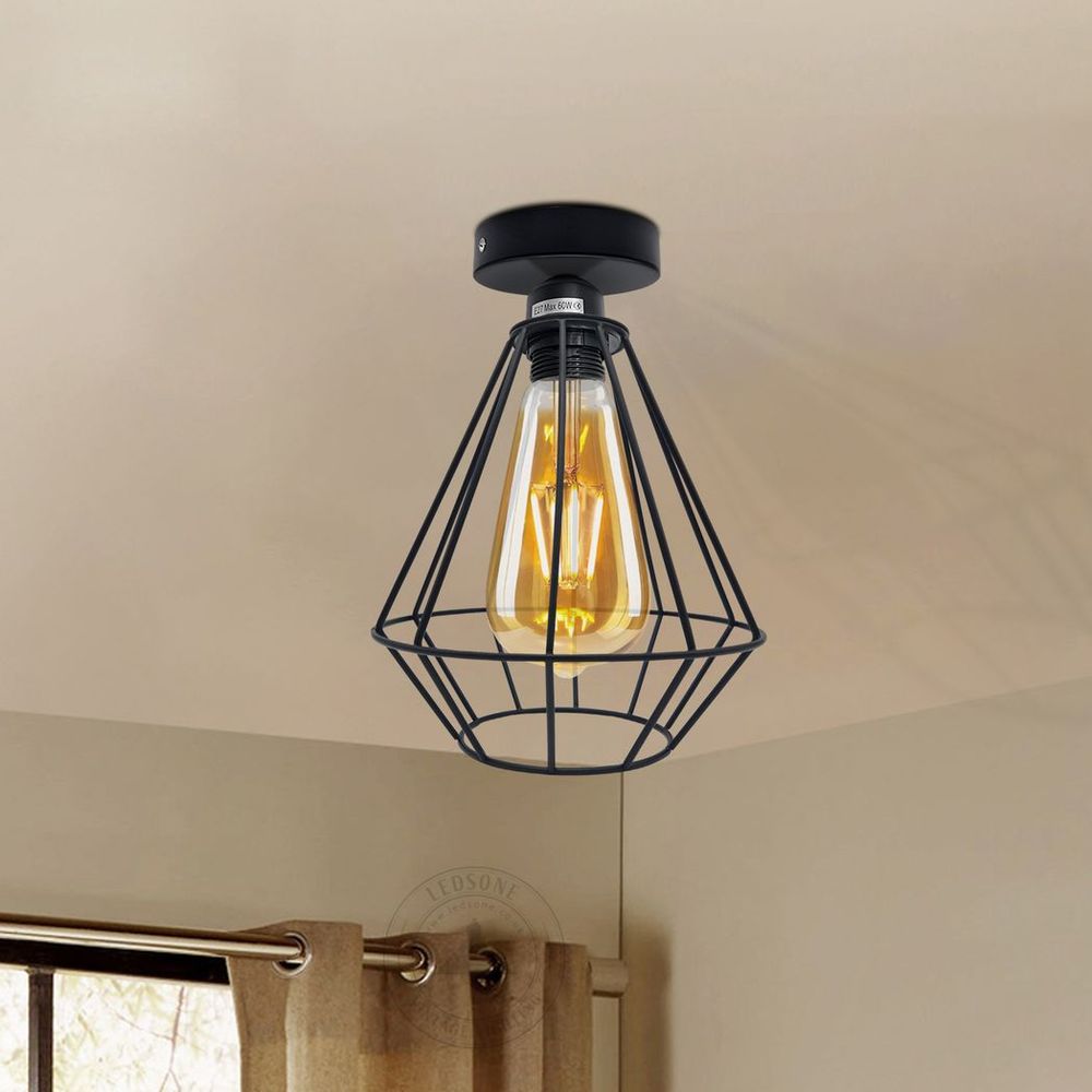 Vintage Wire Cage Ceiling Light Metal Round Ceiling Rose E27 Light Fitting 60W Lighting Bulb Holder