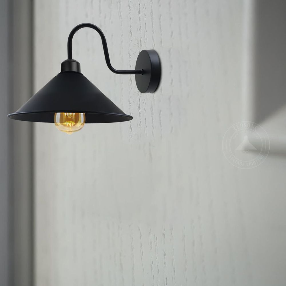 Black Wall Light Fixture,Black Wall Sconce E27 Base Socket Screw Type Wall Mounted Swan Neck Cone Shape Shade in Black
