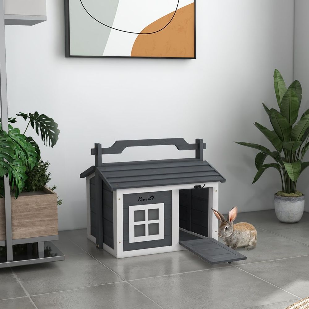 Rabbit Hutch - Indoor Outdoor, Openable Roof, Top Handle, Grey