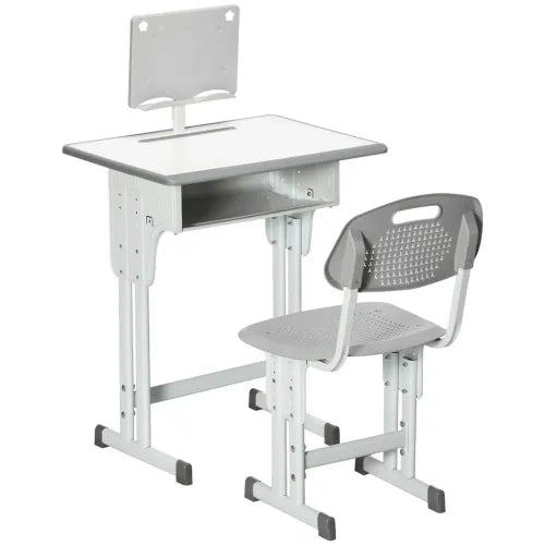 Kids Desk and Chair Set Adjustable Height Study Table Set w/Drawer, Book Stand, Pen Slot - Grey