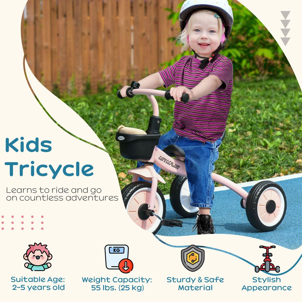 Kids Trike - Adjustable Seat, Basket, Bell - Ages 2-5 - Pink