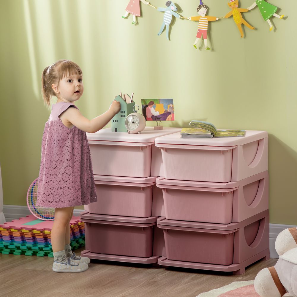 Kids Storage Units with 6 Drawers 3 Tier Chest Vertical Dresser Tower Toy Organizer for Nursery Playroom Kindergarten Pink