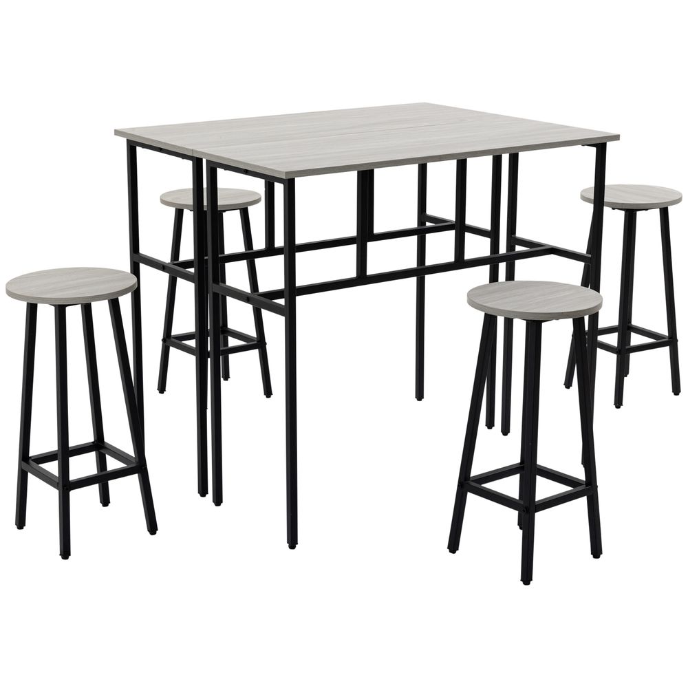 6Pc Bar Table Set: 2 Tables + 4 Stools, Stylish Grey