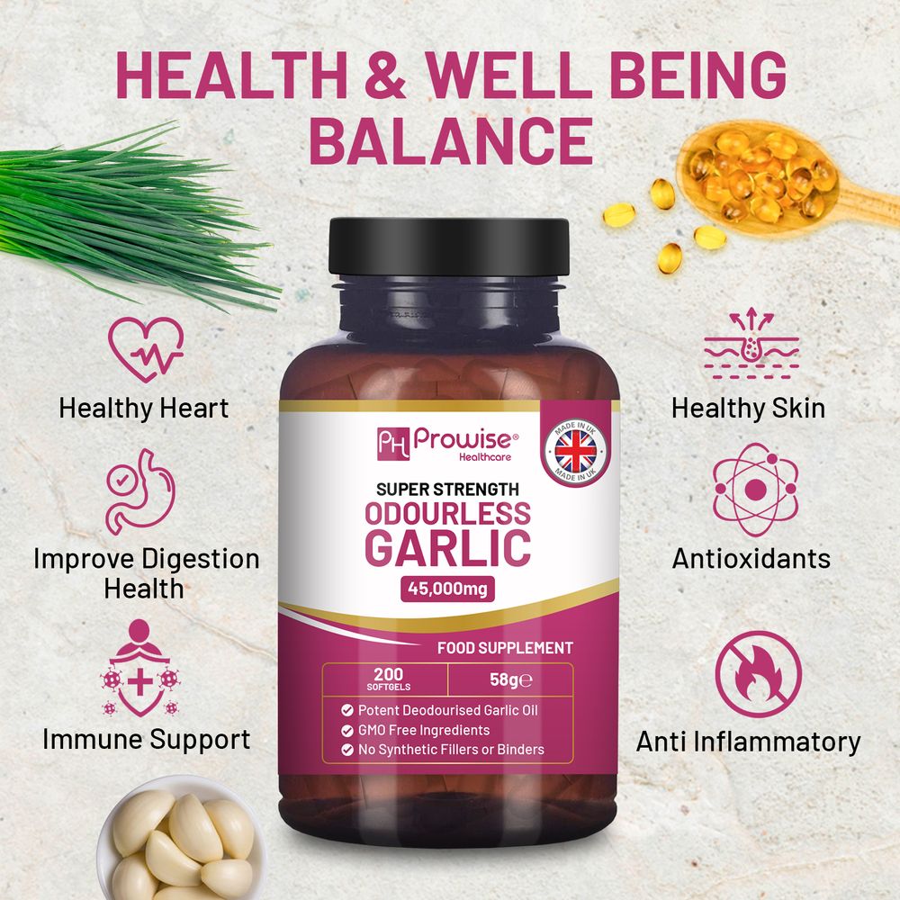 Odourless Garlic Capsules - 45,000mg per softgel - 200 softgels (not Tablets) Super High Strength - Cold Pressed and Deodourised Garlic Oil Extract from Allium Sativum
