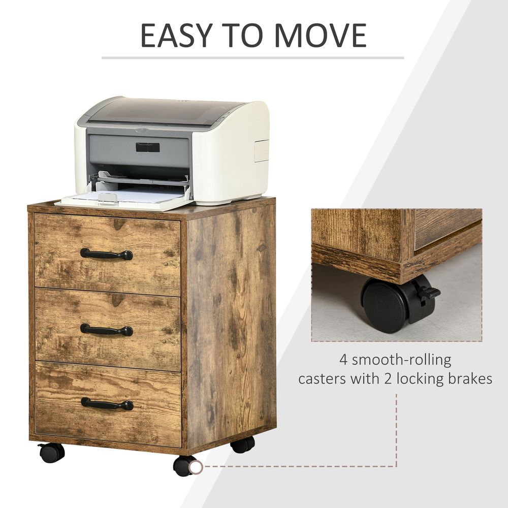Mobile File Cabinet with 3 Drawers, Under Desk Home Office Organizer, Rustic Brown