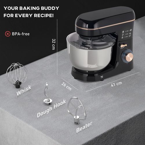Electric Stand Mixer, 5L Food Mixer with Dough Hook, Whisk, Black