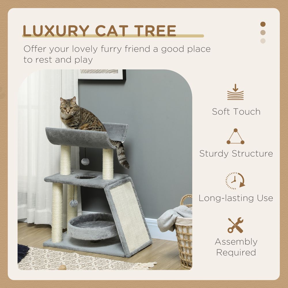 Indoor Cat Tree Tower: Scratching Posts, Pad, Light Grey, Toy Ball - Easy Assembly