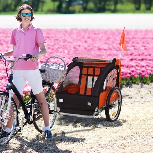 18m 2-Seat Child Bike Trailer for Kid w/ Steel Frame Seat Belt Orange