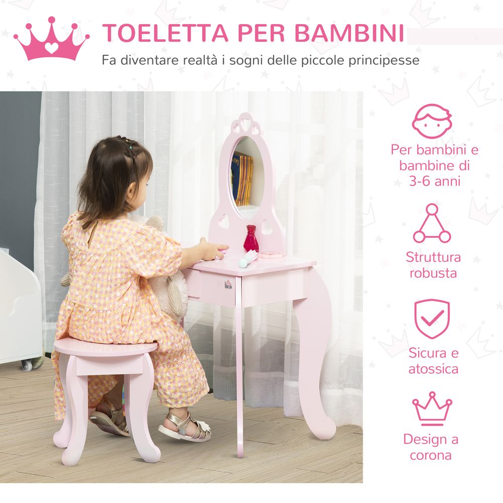 Kids Vanity Table & Stool Girls Dressing Set Make Up Desk Chair Dresser Play Set with Mirror Pink